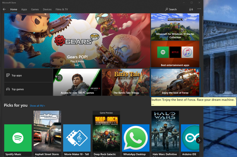 The Microsoft Store showing the focused element with a highlight and a tooltip that says button 'Enjoy the best of Forza. Race your dream machine' ...